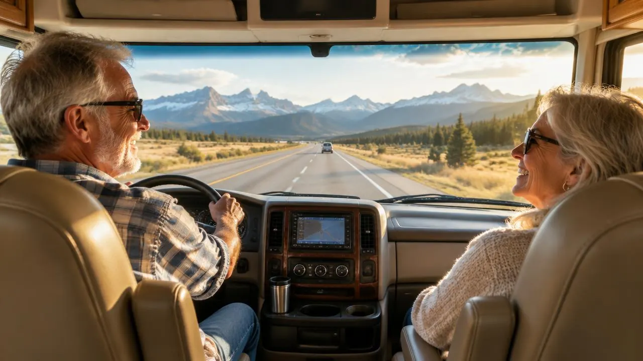 Couple relaxing in a motorhome cab on a road trip