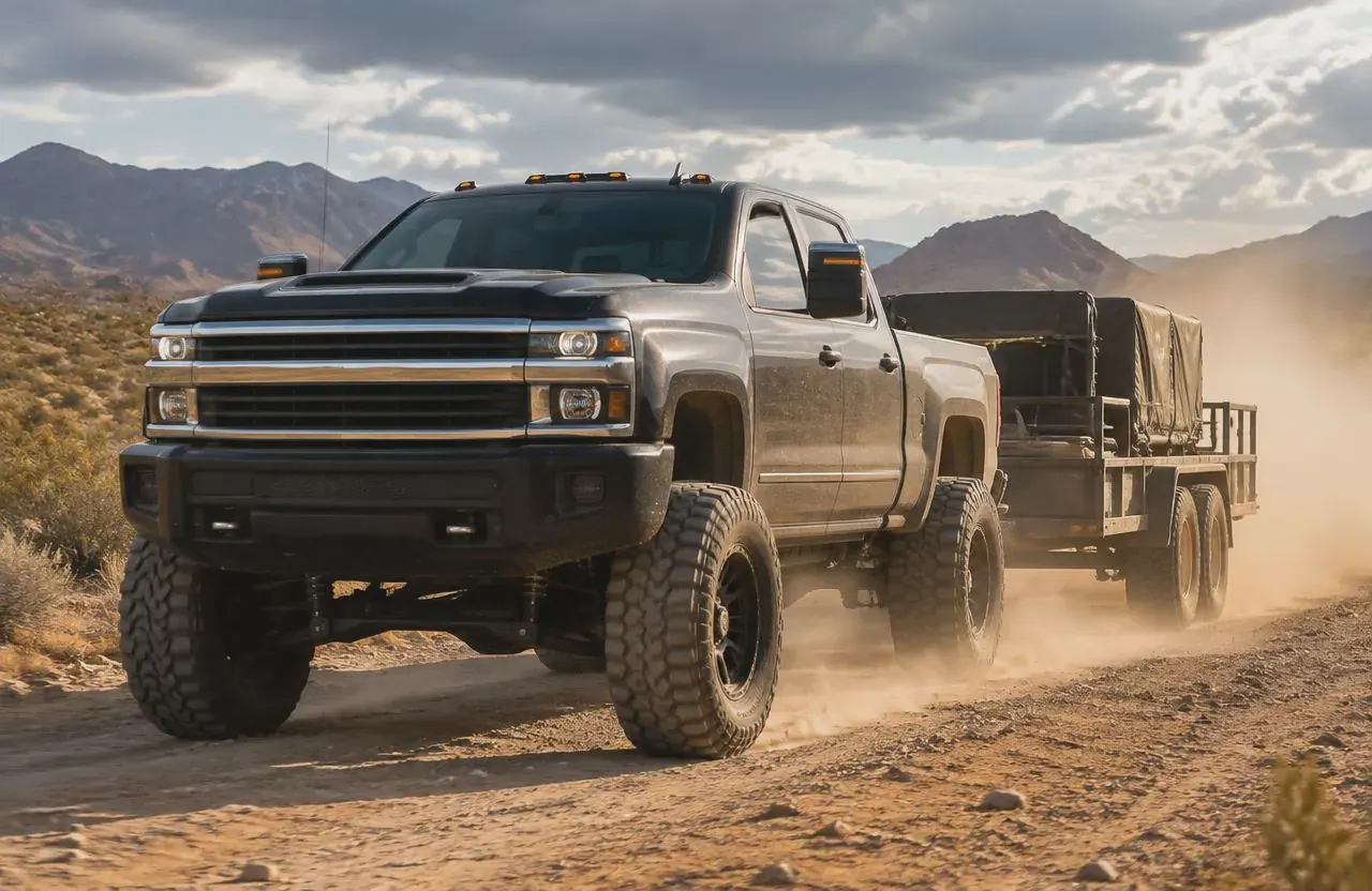 Lifted heavy duty pickup towing a trailer on a desert dirt road