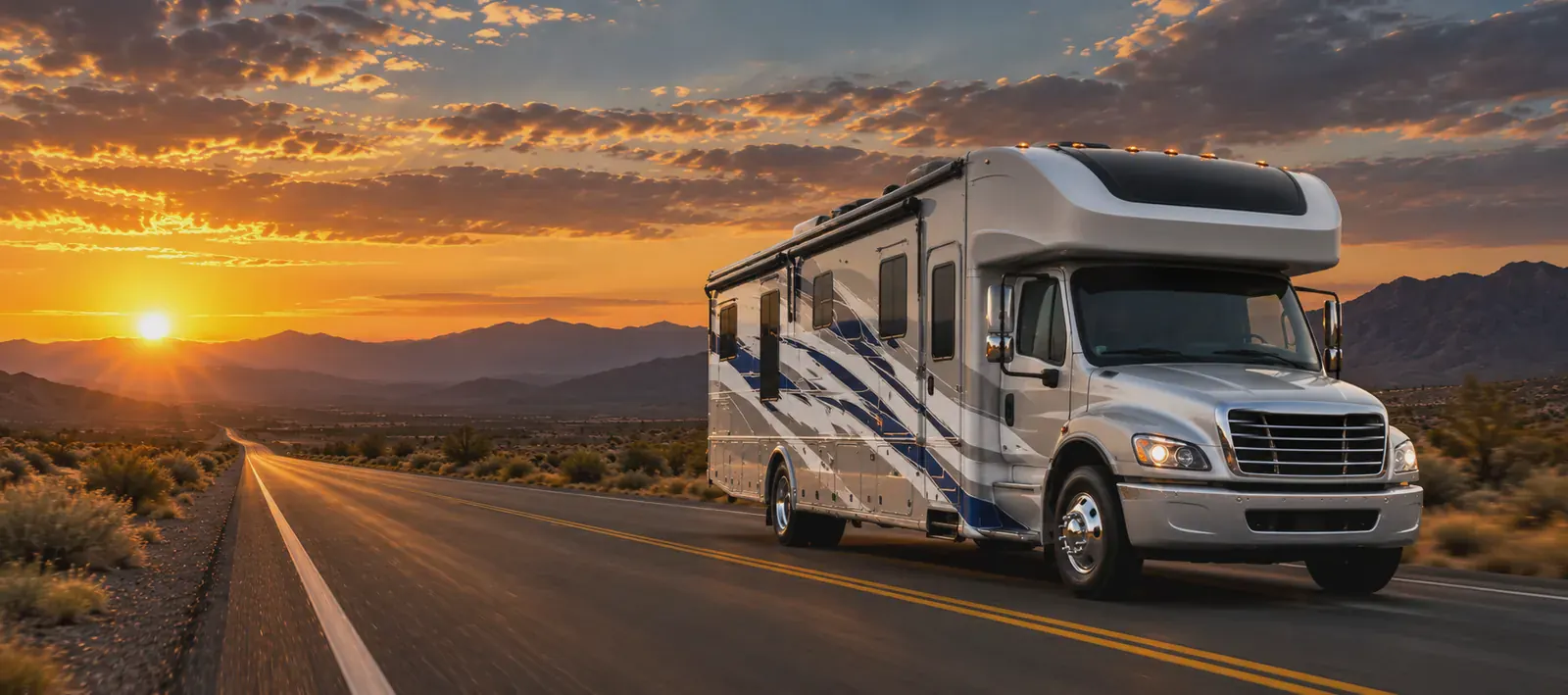 Super C motorhome on an open desert highway at sunset