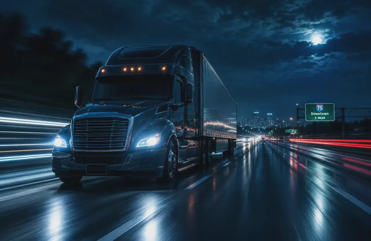 Semi truck driving on a wet interstate at night